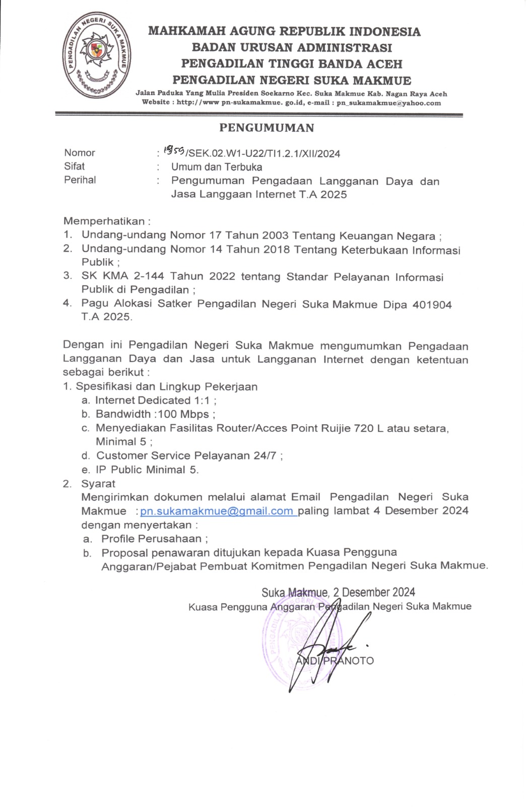Pengumuman Pengadaan Langganan Daya dan Jasa Langganan Internet TA 2025
