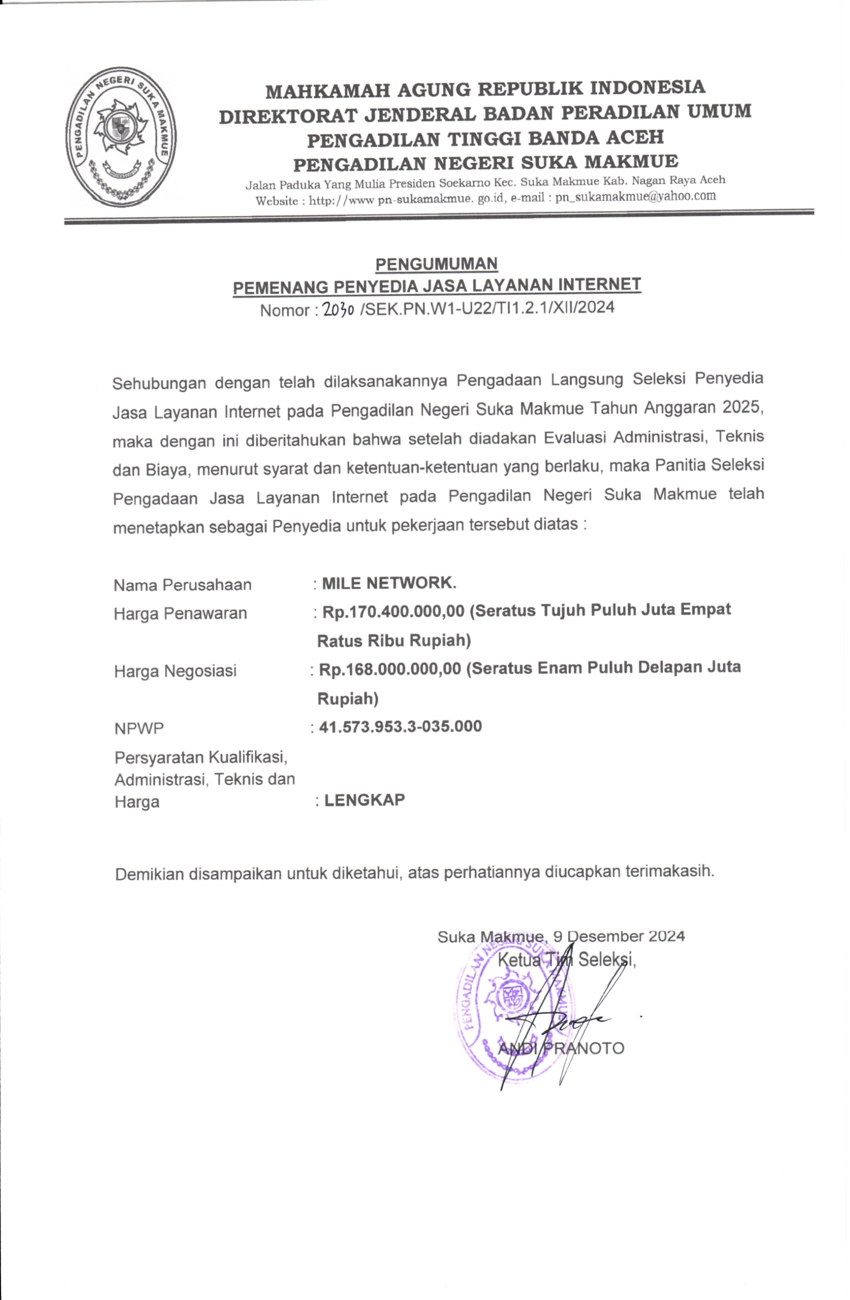 Pengumuman Pemenang Penyedia Jasa Layanan Internet TA 2025